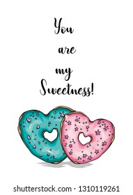 Multicolored heart shaped donut. Love and Valentine's Day. Vector illustration for postcard or poster, stylish print for t-shirt. Lettering.