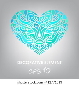 Multicolored heart symbol. Heart with floral pattern. Logo in the shape of a heart with floral motifs. Elegant design heart. The symbol of cold shades of the heart.