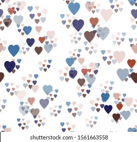 Multi-colored hearts - blue, pink, gray, different sizes and transparency. Simple seamless vector pattern on a white background.
