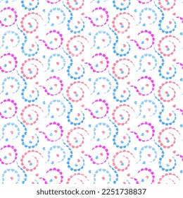Multi-colored hearts curl into a cute pattern, with texture. Festive seamless ornament for surface, packaging, postcard