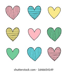 Corazones multicolores dibujados a mano. Ilustración vectorial.