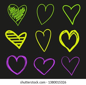 Multicolored hearts on black background. Illustration for design. Sketchy elements