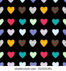 Multi-colored hearts on a black background.