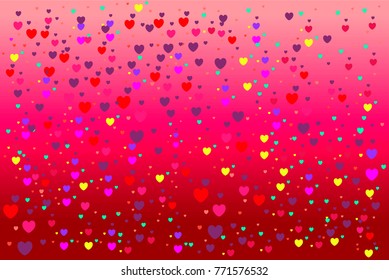 Multicolored hearts on a gradient red background