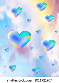 Multicolored hearts on sky background