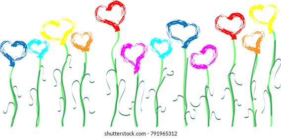 
Multicolored hearts on stems in the form of flowers