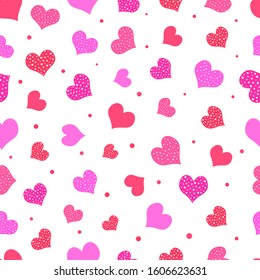 Multicolored hearts on a white background seamless pattern. Different hearts. Vector.