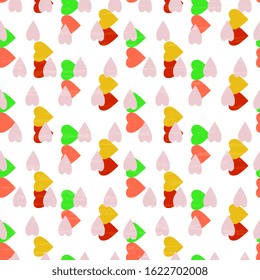 Multicolored hearts on a white background, textured, handmade, artistic. Vector seamless cute illustration. Festive cover, packaging and wrapping background.
