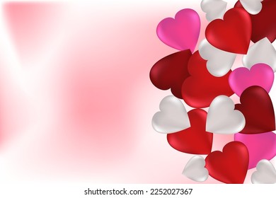 Multicolored hearts on a white and pink background with copy space. Valentine's Day concept. Universal holiday background. Vector image