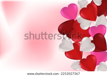 Multicolored hearts on a white and pink background with copy space. Valentine's Day concept. Universal holiday background. Vector image