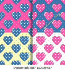 Multi-colored hearts in polka dots. Set of seamless vector illustrations of Valentine's Day. 