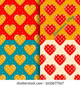 Multi-colored hearts in polka dots. Set of seamless vector illustrations of Valentine's Day. 