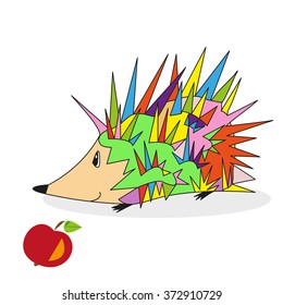 Multicolored hedgehog with apple, vector illustration cartoon character, patchwork of colored parts. Suitable for children books, printing on T-shirts, children furniture, wallpaper, kindergartens