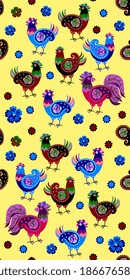 Multicolored hens and cockerels, flowers and paisley on a light yellow background. Seamless pattern.