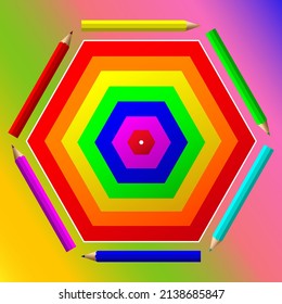 Multicolored hexagon, colored pencils on a colored gradient background. For packaging design, store, website. Vector illustration.
