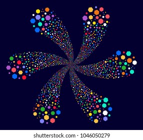 Multicolored Hexagon Figure curl flower with six petals on a dark background. Suggestive vector spiral designed from randomized hexagon figure symbols.
