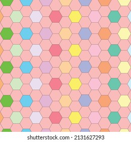 Patrones geométricos hexagonales multicolores sobre fondo rosa, fondo vectorial, decorativo