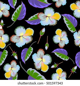 Multicolored hibiscus flowers and buds retro vector seamless illustration on black background.