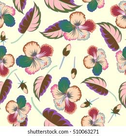 Multicolored hibiscus flowers and buds retro vector seamless illustration on white background.