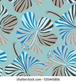 Multicolored hibiscus flowers and buds retro vector seamless illustration on blue background.