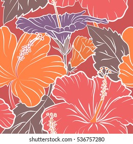 Multicolored hibiscus flowers and buds retro vector seamless illustration on pink background.