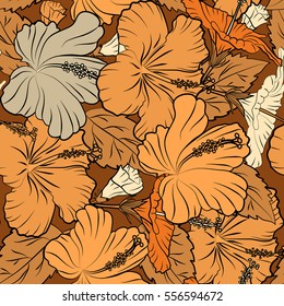 Multicolored hibiscus flowers and buds retro vector illustration on brown background.