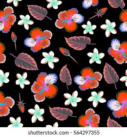 Multicolored hibiscus flowers and buds retro vector seamless illustration on black background.