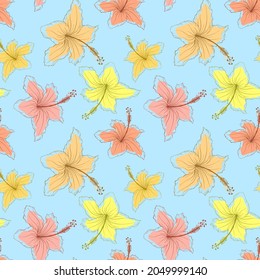 Flores de hibisco multicolores irregulares sin fisuras. Se repite aleatoriamente la textura floral tropical interminable. Un fondo pastel exótico sin límites. Plantas del paraíso de verano lanzan un nuevo diseño de superficie