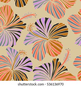 Multicolored hibiscus pattern on beige background. Vector Aloha hawaiian t-shirt seamless pattern.