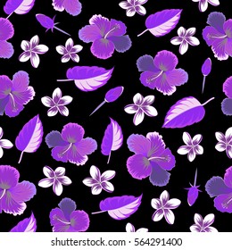 Multicolored hibiscus pattern on black background. Vector Aloha hawaiian t-shirt seamless pattern.