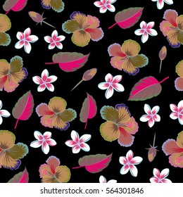 Multicolored hibiscus pattern on black background. Vector Aloha hawaiian t-shirt.