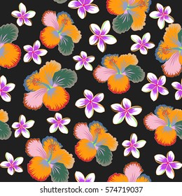 Multicolored hibiscus pattern on gray background. Vector Aloha hawaiian t-shirt.