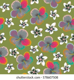 Multicolored hibiscus pattern on green background. Vector Aloha hawaiian t-shirt seamless pattern.