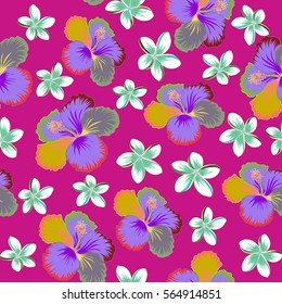 Multicolored hibiscus pattern on magenta background. Vector Aloha hawaiian t-shirt.