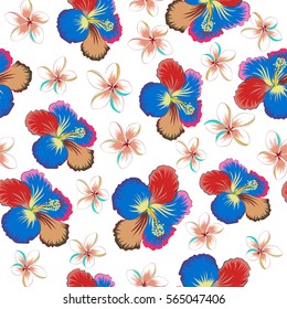 Multicolored hibiscus pattern on white background. Vector Aloha hawaiian t-shirt.