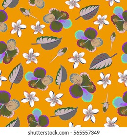 Multicolored hibiscus pattern. Seamless pattern of tropical flowers. Vector illustration on yellow background.