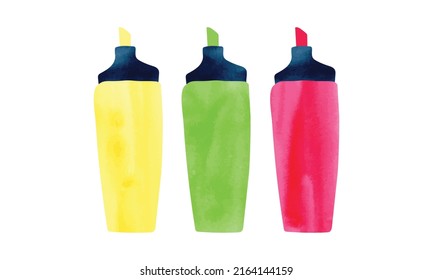 Multicolored highlighter pen marker set watercolor style vector illustration isolated on white background. Highlighters clipart. Marker clipart watercolor