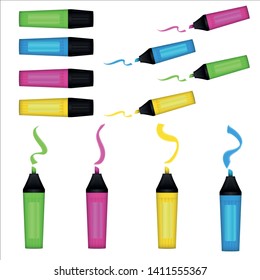 Multicolored highlighter pens vector illustration. Set of colorful marker pens on white background.