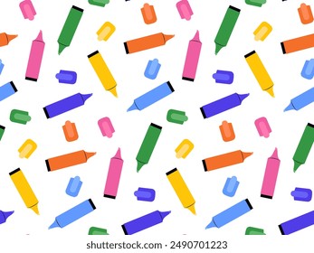 Multicolored highlighters seamless pattern. Bright background from office accessories