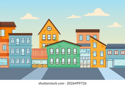 Multicolored high-rise buildings. Landscape of beautiful city in evening. Urban skyline. Busy downtown area. Structures and buildings. Minimalistic drawing of city streets. Cartoon vector illustration