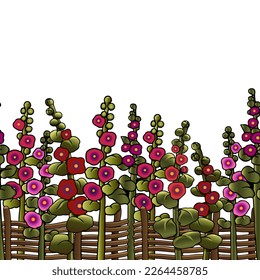 hollyhocks multicolores con una valla de mimbre
