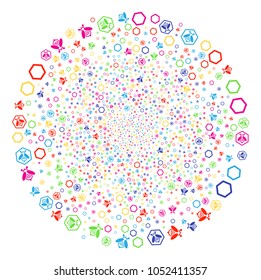 Multicolored Honey Bee sparkler round cluster. Vector spheric cluster burst created from random honey bee objects. Colorful Vector abstraction.
