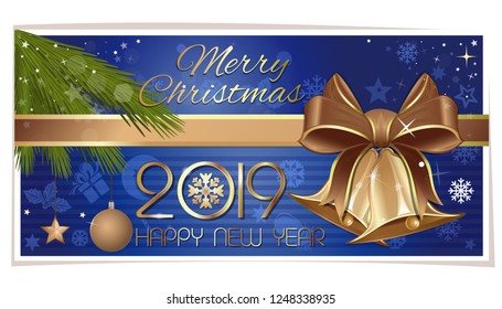 Multicolored horizontal banner with gold jingle bells for New Year 2019. Merry Christmas and Happy New Year. Vector illustration