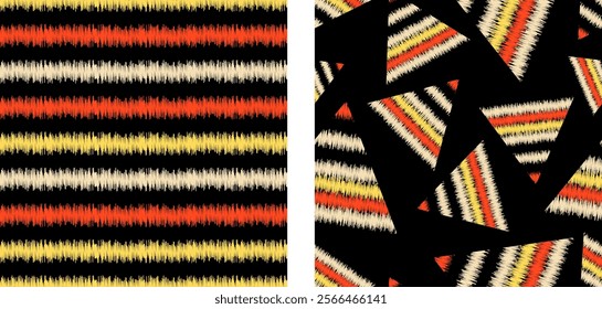 Multicolored horizontal stripes with torn edges and triangles made of such stripes on black backgrounds. Collection of seamless patterns for fabric, wallpaper, wrapping-paper, home decor. Vector.