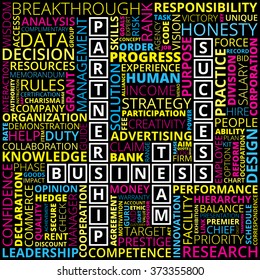 Multicolored horizontal and vertical placed business and finance related words on black background. Abstract business and finance words concept. Business and finance related words background