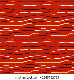 Bandas onduladas horizontales multicolores sobre un fondo rojo. Patrón vectorial simple. Imitación de fibras de madera.