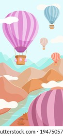 Multicolored hot air balloons with baskets fly over the river and mountains. Vector flat illustration.