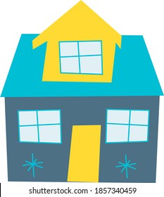 Multicolored house in a flat style. Template for use in children's design, textiles, books, packaging. Funny vector illustration on white isolated background.
