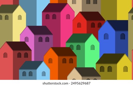 Multicolored houses arranged in a tight, quilt-like pattern. Symbolizing diversity within uniformity in a modern cityscape.