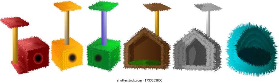 
multi-colored houses for cats of various shapes with sharpeners for claws